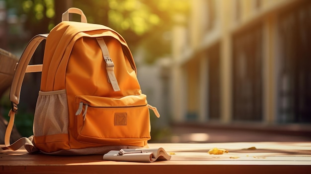 a backpack on the table next to a window