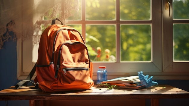 a backpack on the table next to a window