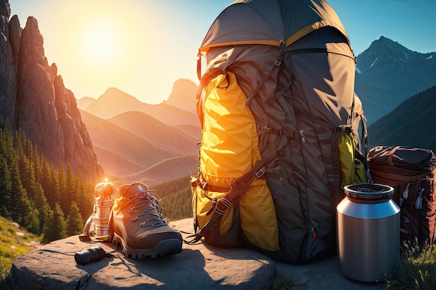 Backpack thermos and travel mug in forest Hiking equipment on footpath in woodland ai generative