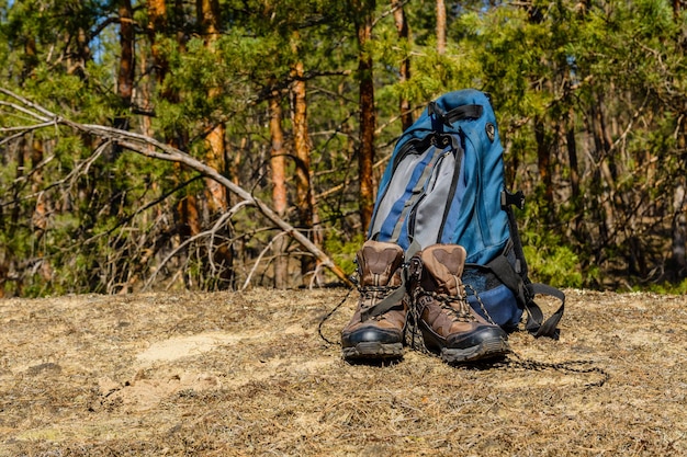 Backpack and touristic boots on ground in a coniferous forest