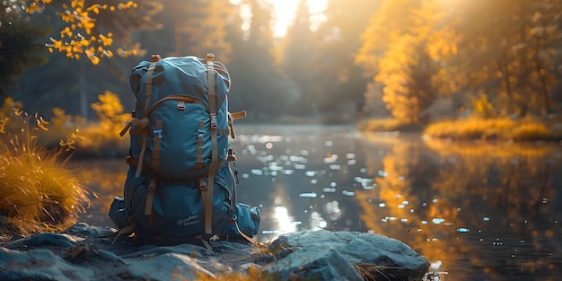 Backpack on the wild nature background Hiking and camping equipment on the river in the forest travel concept Panoramic view with copy space