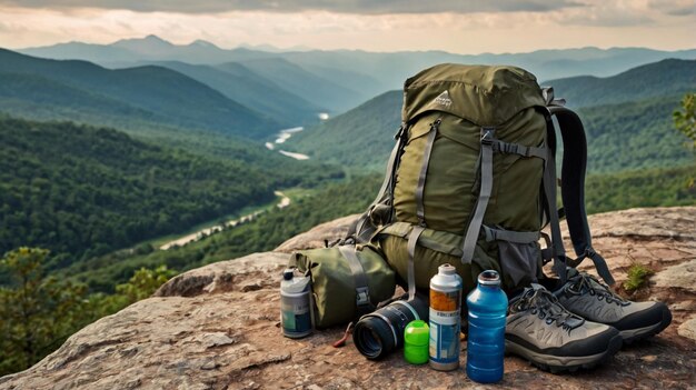 Photo a backpack with a backpack on it sits on a mountain top