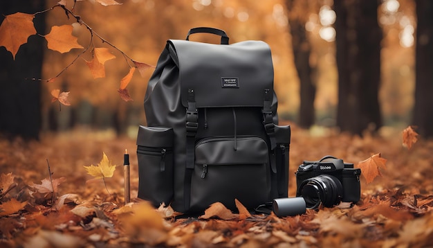 a backpack with a black strap sits in a forest with autumn leaves