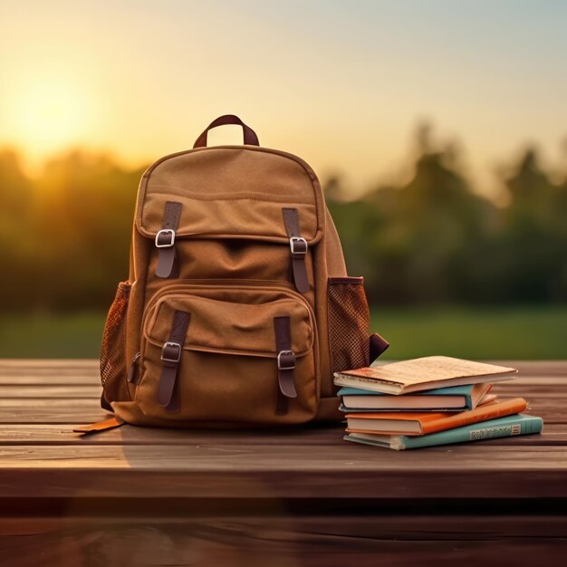 Backpack with books on wooden table over sunset sky background Back to school concept Generative AI