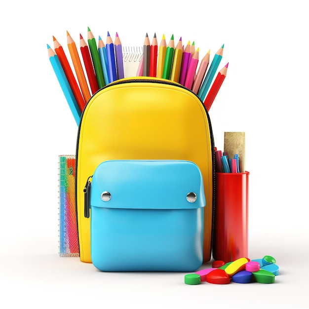 Backpack with bright school stationery on isolate background banner design Back to school concept