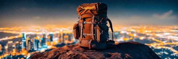 a backpack with a city in the background