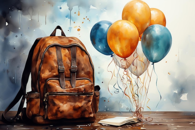 Backpack with colorful balloons on watercolor background Back to school concept