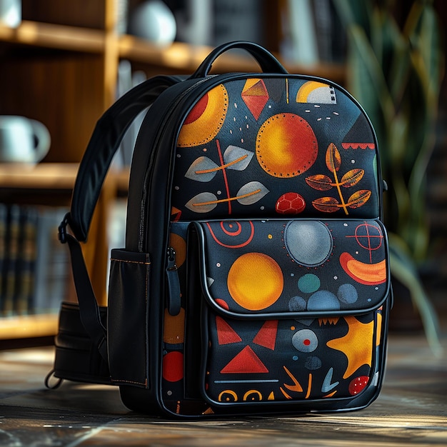 a backpack with a colorful pattern on it sits on a wooden floor