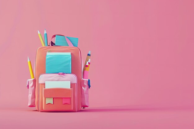 Photo backpack with different colorful stationery on pink background 3d render