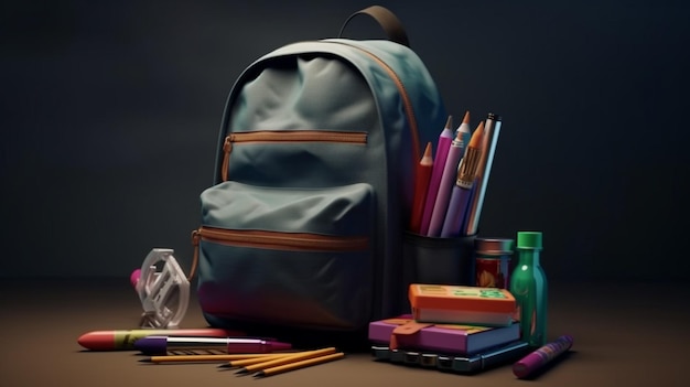 Backpack with different colorful stationery on table Black background Back to school Generative AI