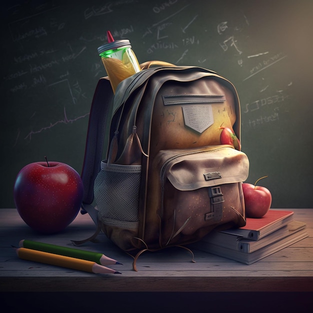 A backpack with a drink on it and a pencil on the back.