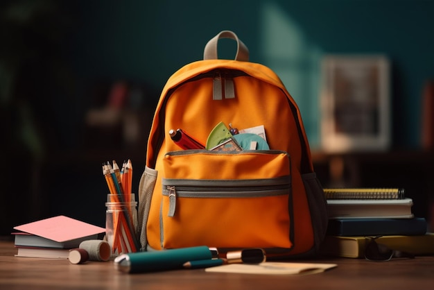 A backpack with a lot of books on it and a pencil case on the tablegenerative ai