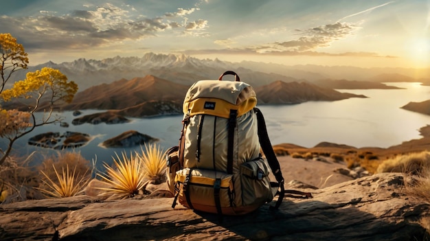 A backpack with a mountain in the background