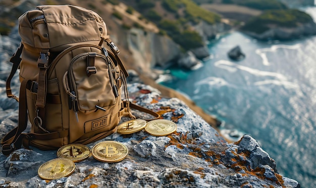 a backpack with a number of coins on it sits on a mountain