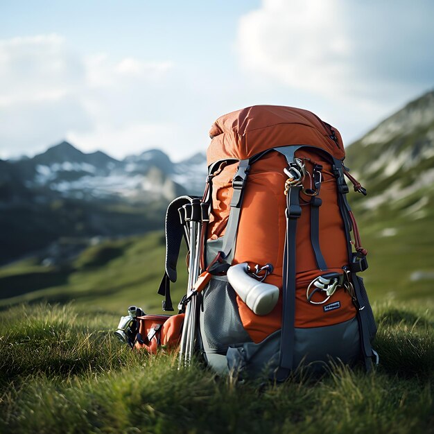 Photo a backpack with a red back pack sits in the grass