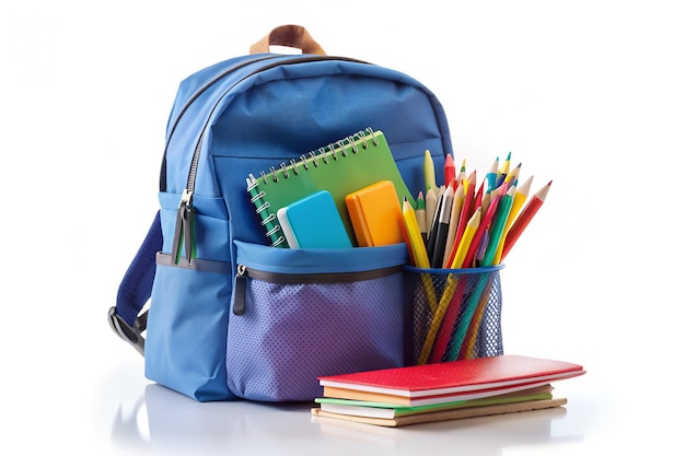 Backpack with school stationery isolated on white background