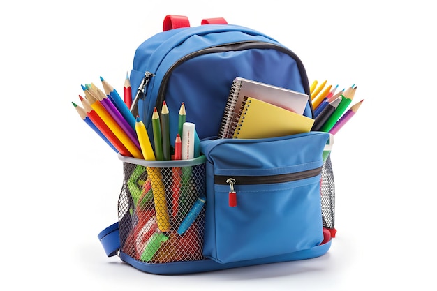 Backpack with school stationery isolated on white background