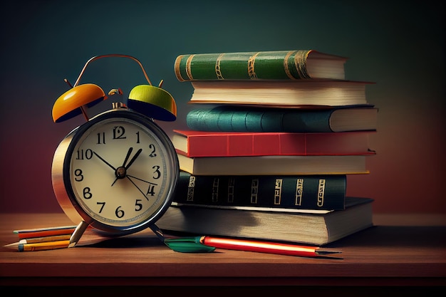 Backpack with school stationery on table against blackboard Generative Ai