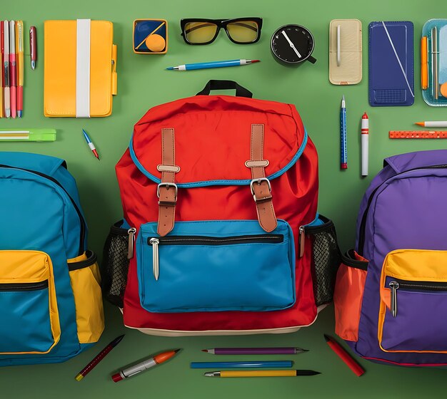 Backpack with supplies for school on the background