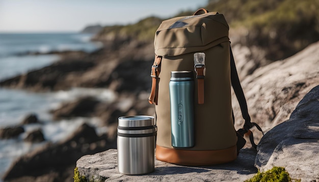 a backpack with a water bottle on it and a water bottle on the side