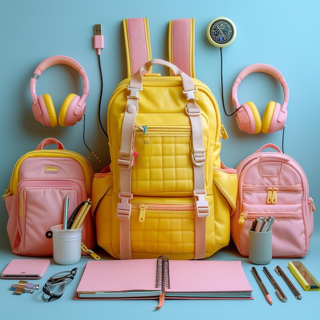 a backpack with a yellow backpack and a backpack with the number 5 on it