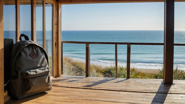 Photo a backpack on a wooden deck of a beachfront cottage with an ocean view ideal for travel