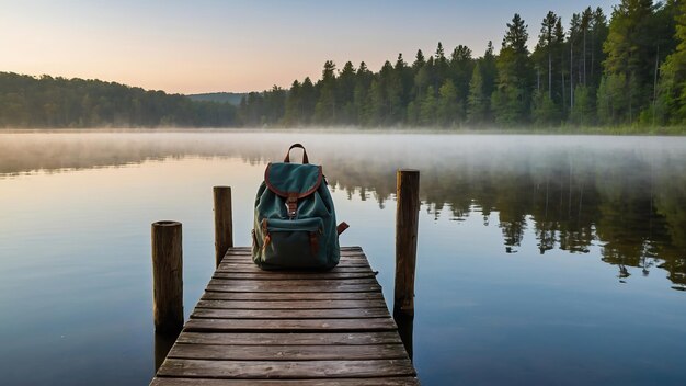 Photo backpack on wooden dock by a serene lake with mist perfect for travel or nature retreats