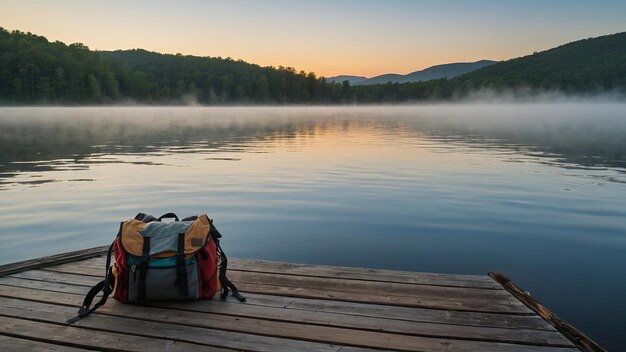 Photo backpack on wooden dock by a serene lake with mist perfect for travel or nature retreats