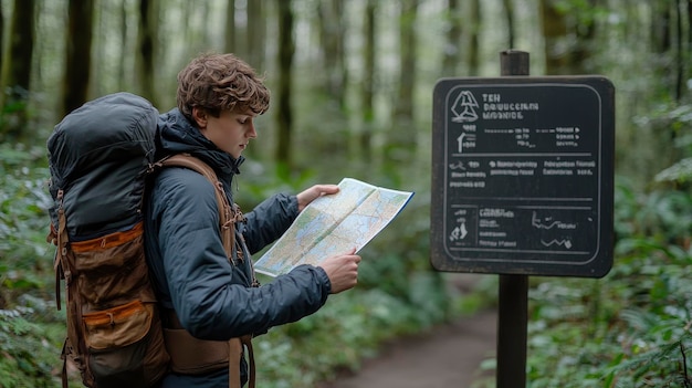 Photo backpacker adjusting a map trailhead sign nearby forest background morning light