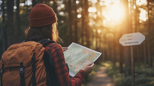 Photo backpacker adjusting a map trailhead sign nearby forest background morning light