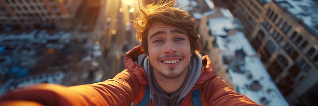 Backpacker Caucasian man with outstretched arms standing on the roof of a city building