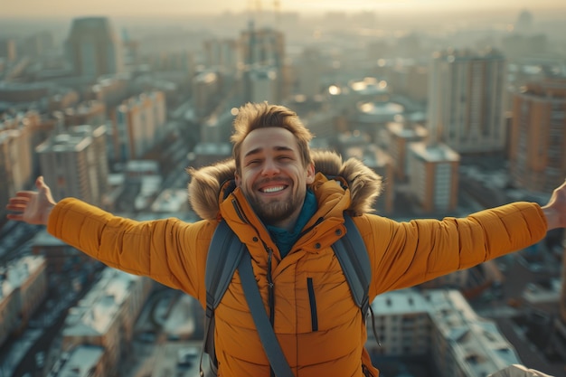 Backpacker Caucasian man with outstretched arms standing on the roof of a city building