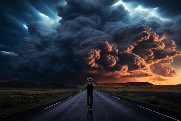 Backpacker on the road watches a storm of epic proportions