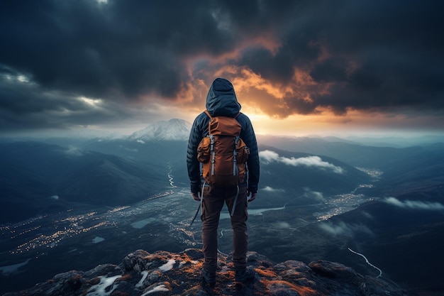 Backpacker standing on the peaks mountain landscapes serene vistas exploration conquer challenge