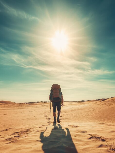 Backpacker trekking through vast desert under scorching sun