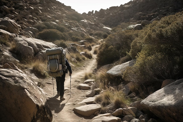 Backpacker walking along rocky trail Generative ai