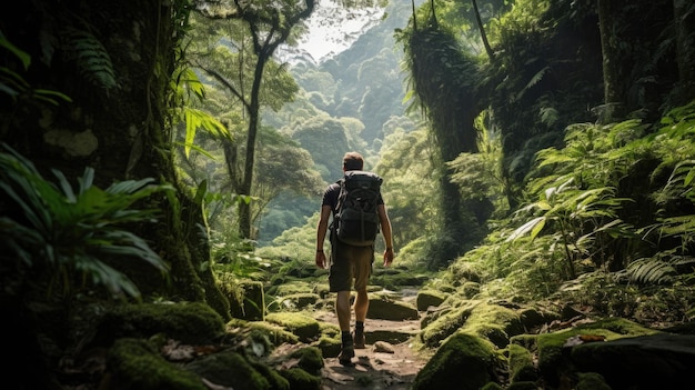 Backpacker walking through the jungle of Nepal