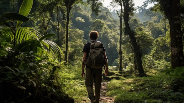 Backpacker walking through the jungle of Nepal