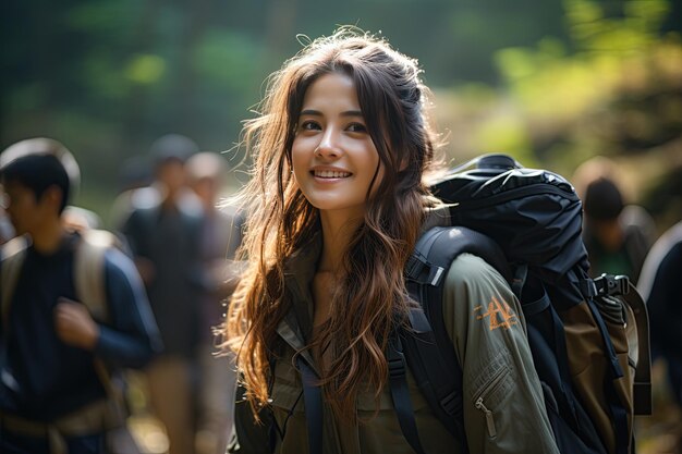 Backpacker in the Wild A young and beautiful Asian woman traveling alone in the forest wildernessGenerated with AI