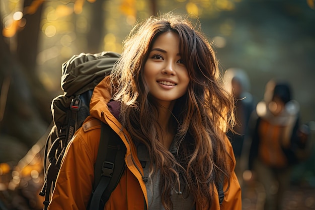 Backpacker in the Wild A young and beautiful Asian woman traveling alone in the forest wildernessGenerated with AI