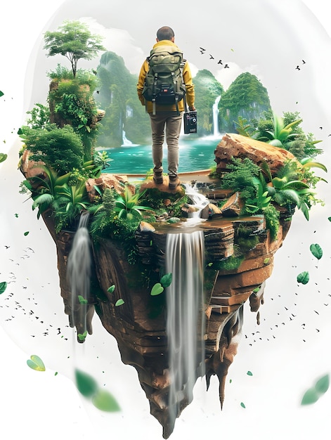 Backpacker with Camera and Guidebook on Floating Island in 3D Concept