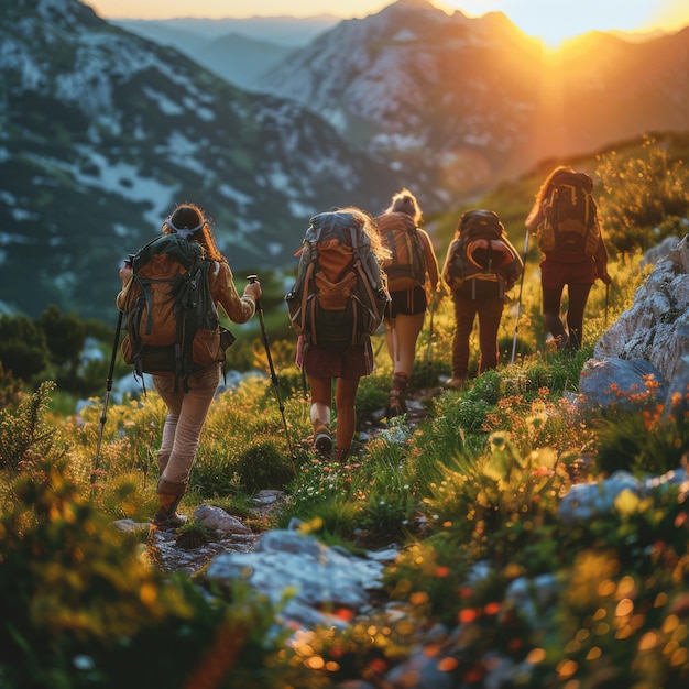 Photo backpackers ascending mountain trail at sunset