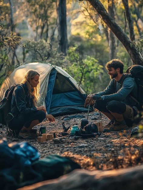 Backpackers setting up camp in a remote wilderness