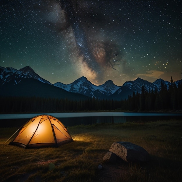 Backpacking Tent Glowing Under Night Sky and Milky Way