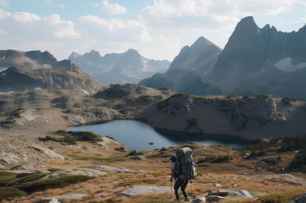 Backpacking trip through mountains with stunning views of the terrain created with generative ai