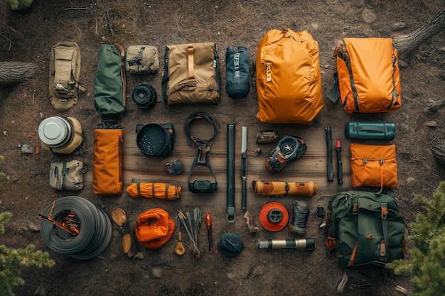 Photo backpacks with various items on top of them one green and one red the items include a camera