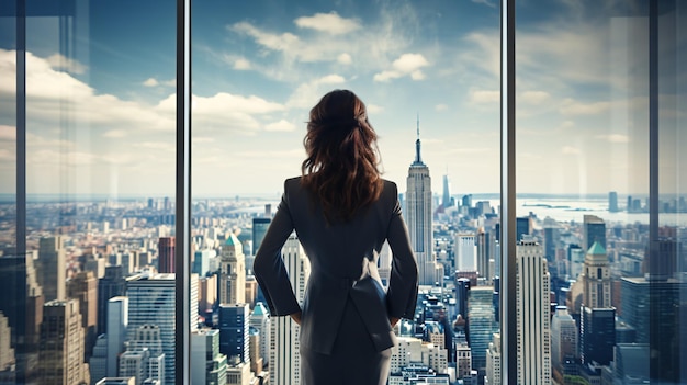 Backshot of a female leader against a panoramic window and expansive cityscape with ample copyspace