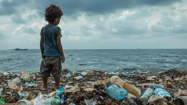 Backside of a child overlooking plastic rubbish polluting a coastal area