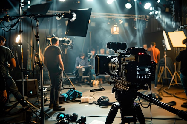 Backstage of a Film Shoot with Professional Camera Crew and Equipment