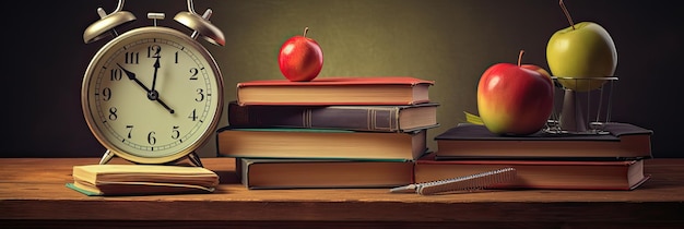 backtoschool background stacked pile of books alarm clock Apple Pencil poised for notetaking symbolizing the excitement and readiness for the academic journey ahead